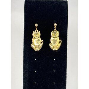Vintage Gold Tone Dangle Cat Pierced Earrings